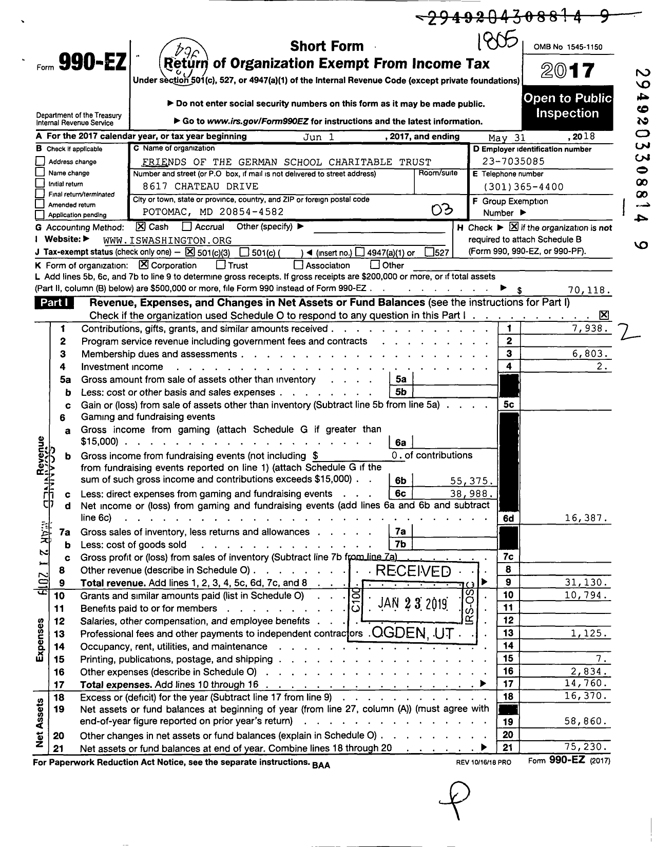 Image of first page of 2017 Form 990EZ for Friends of the German School Charitable Trust