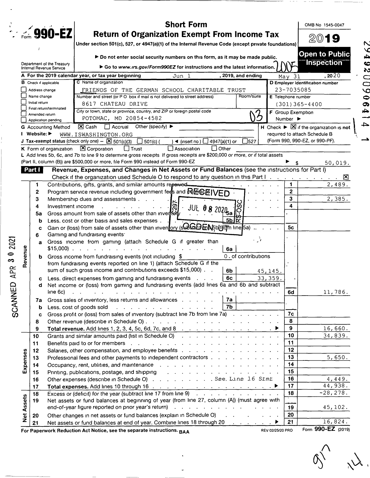 Image of first page of 2019 Form 990EZ for Friends of the German School Charitable Trust