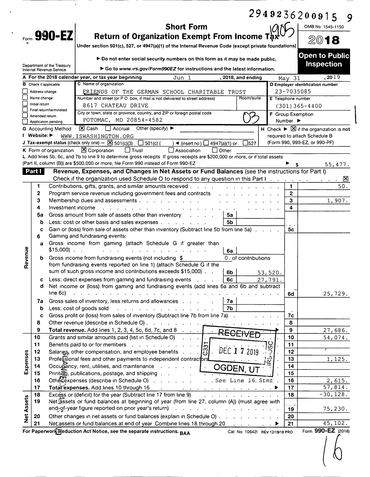 Image of first page of 2018 Form 990EZ for Friends of the German School Charitable Trust