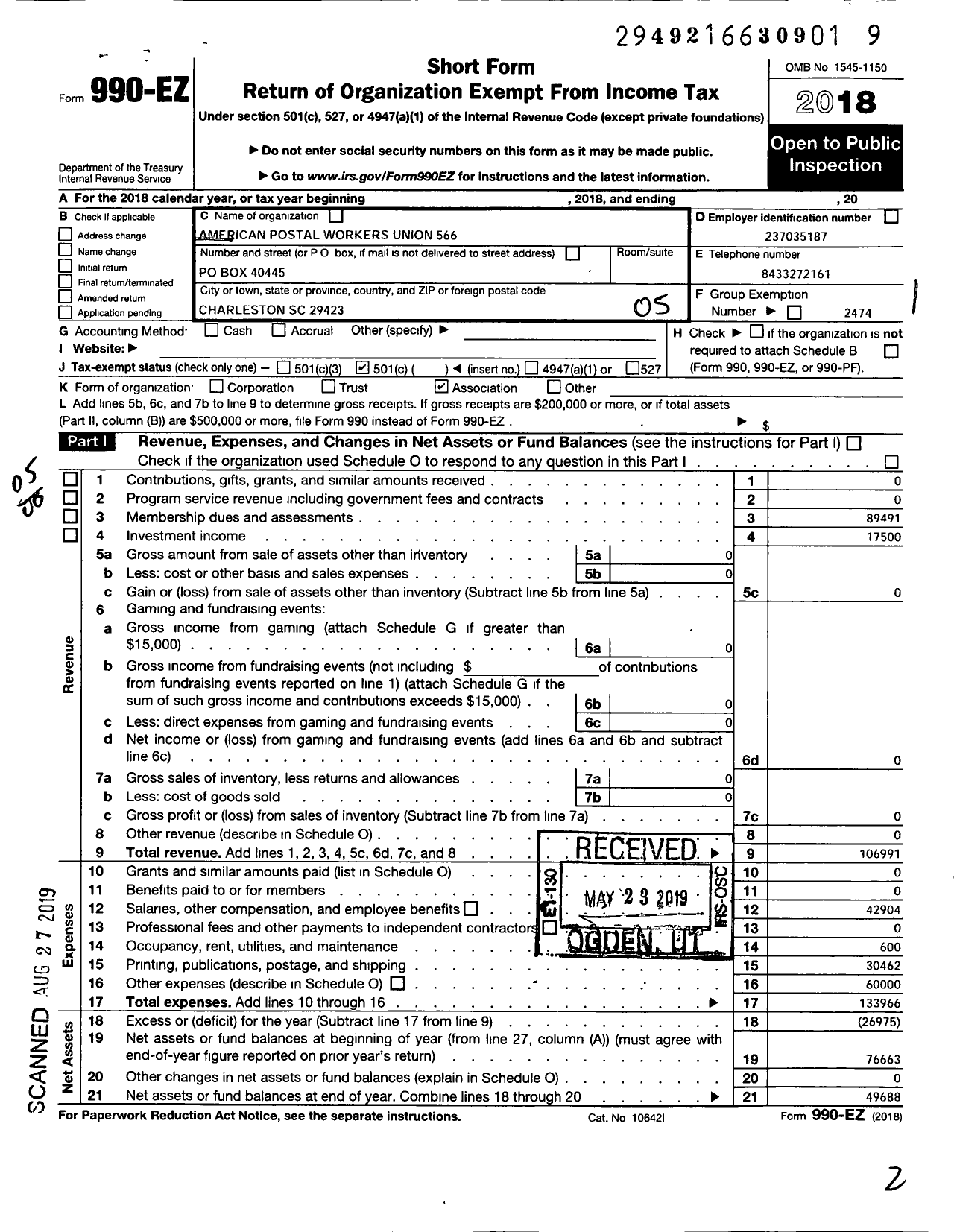 Image of first page of 2018 Form 990EO for American Postal Workers Union - 566 Charleston Area Local