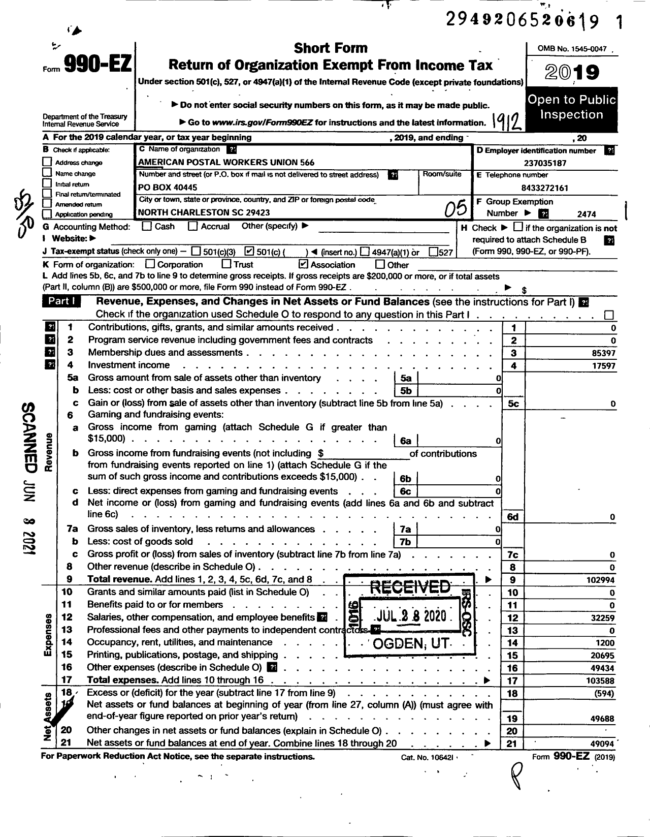 Image of first page of 2019 Form 990EO for American Postal Workers Union - 566 Charleston Area Local