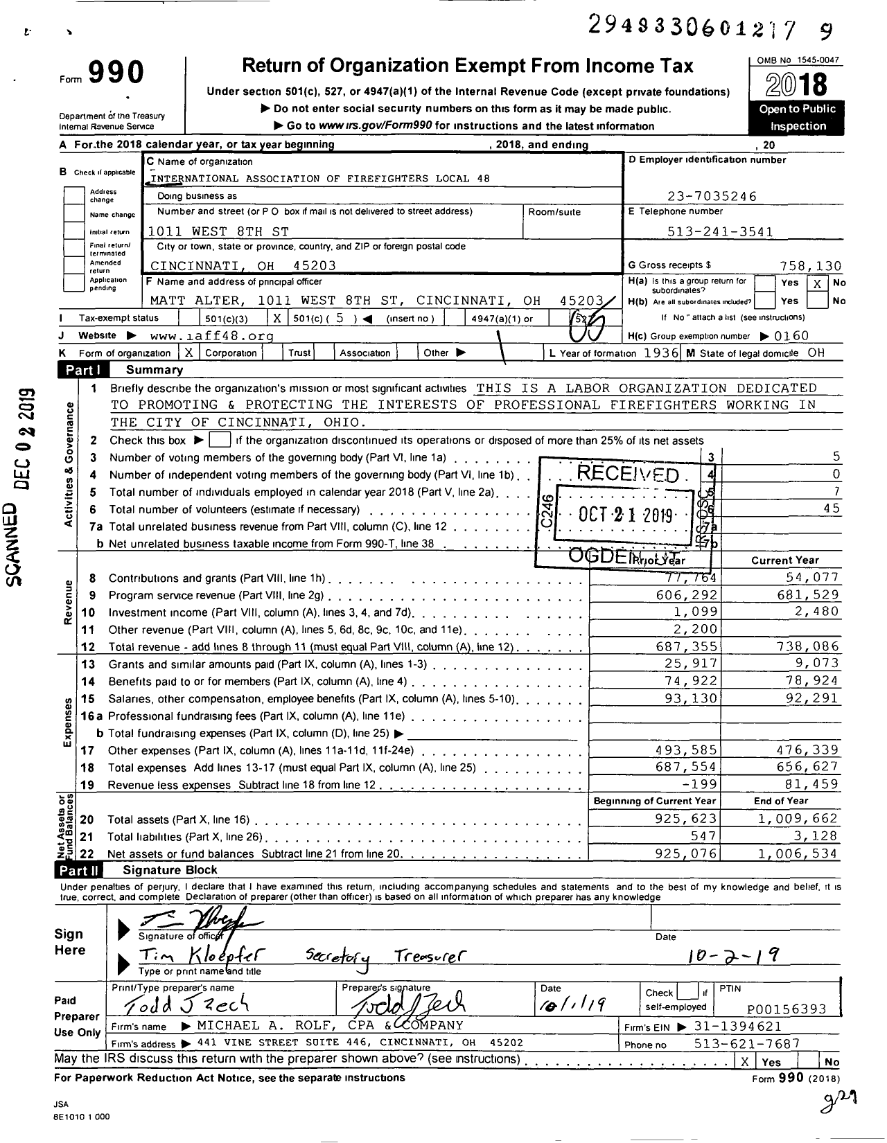 Image of first page of 2018 Form 990O for International Association of Fire Fighters - L0048 Cincinnati