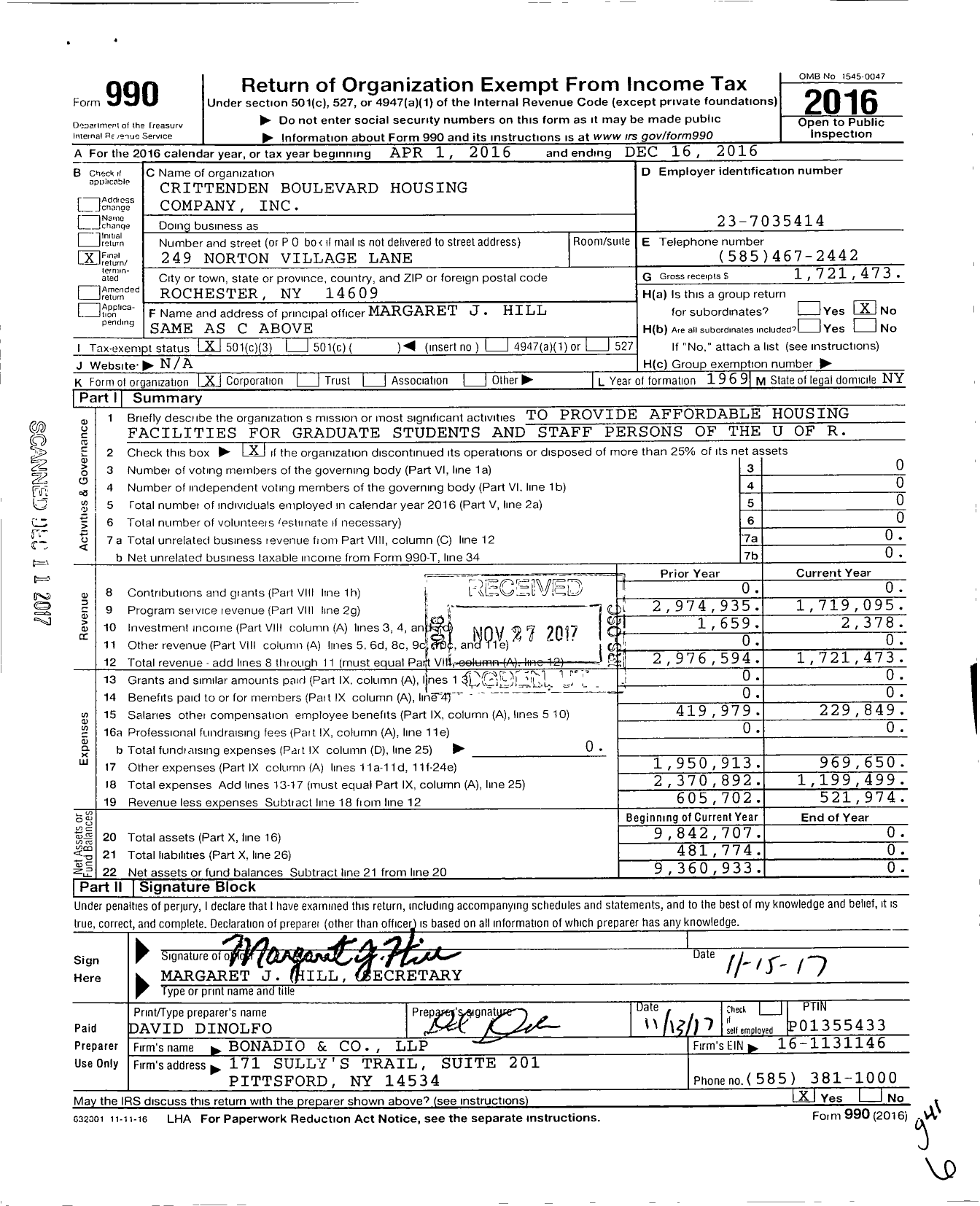 Image of first page of 2016 Form 990 for Crittenden Boulevard Housing Company
