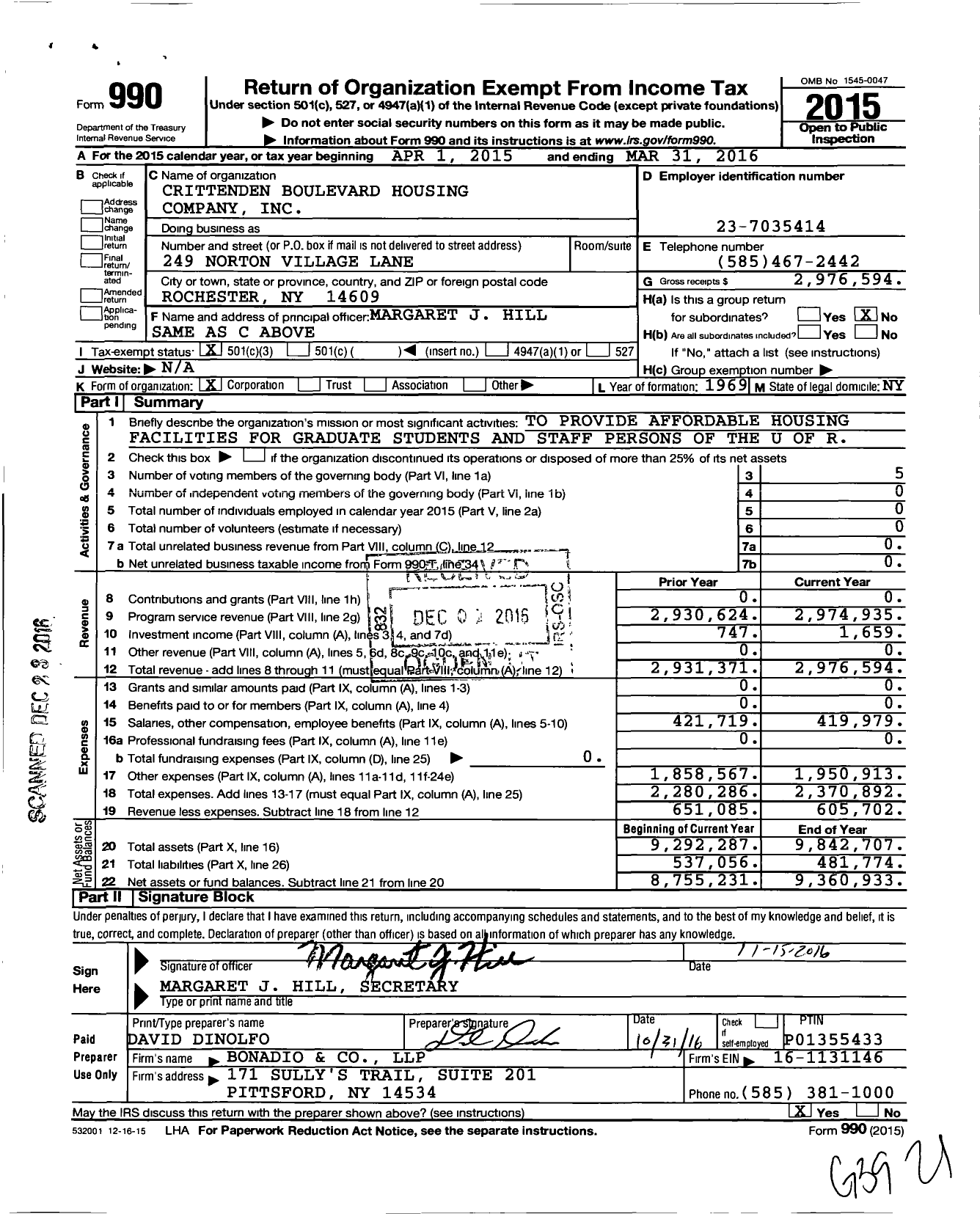 Image of first page of 2015 Form 990 for Crittenden Boulevard Housing Company