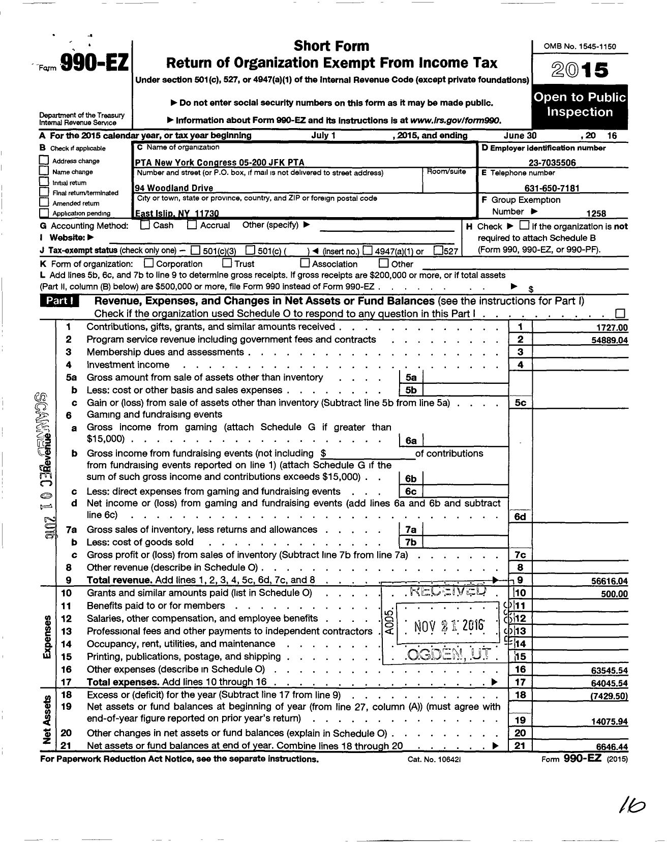 Image of first page of 2015 Form 990EO for New York State PTA - 05-200 J F K Elementary School PTA