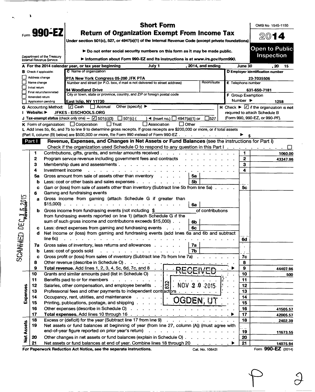 Image of first page of 2014 Form 990EZ for New York State PTA - 05-200 J F K Elementary School PTA