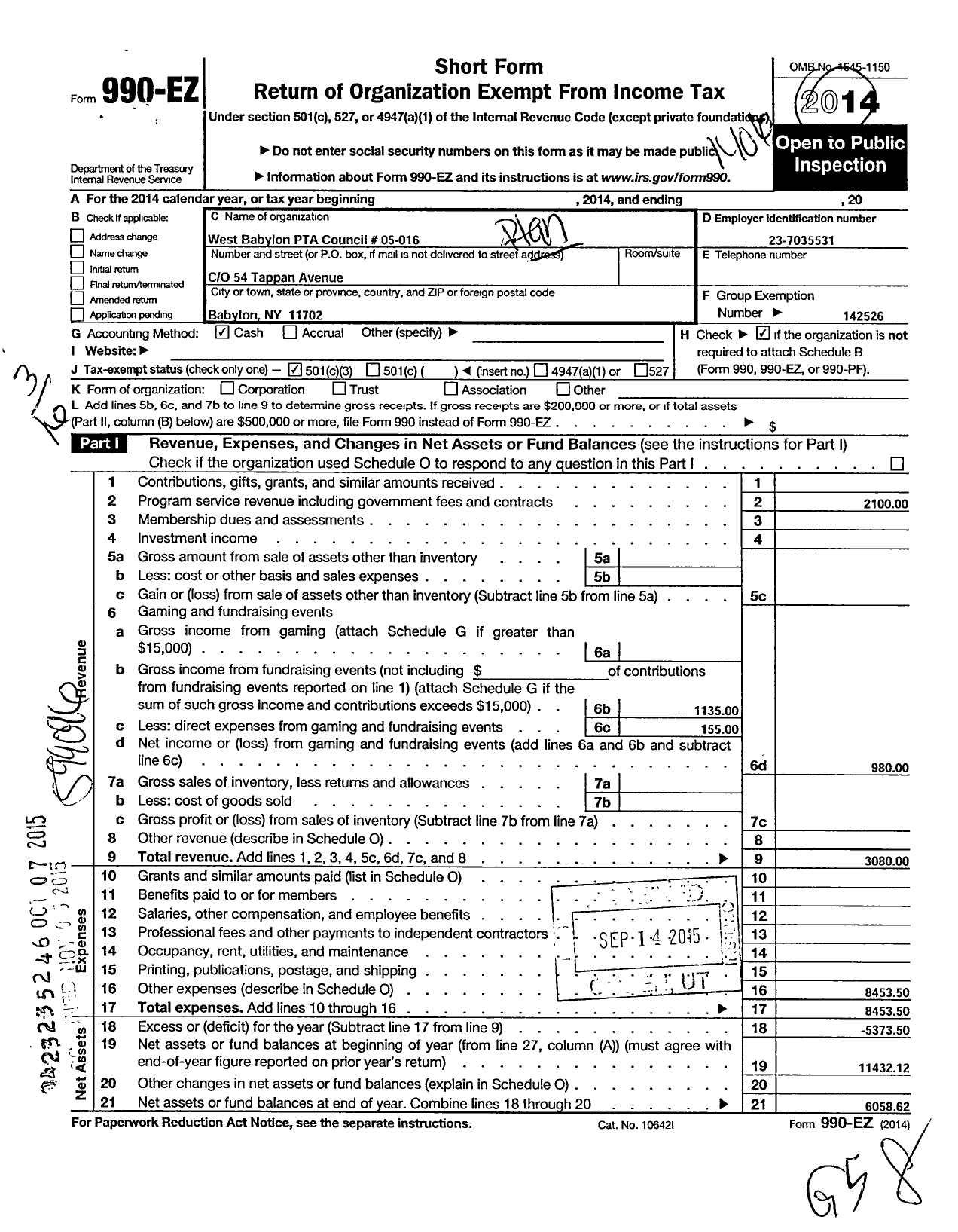 Image of first page of 2013 Form 990EZ for New York State PTA - 05-016 West Babylon Council of Ptas