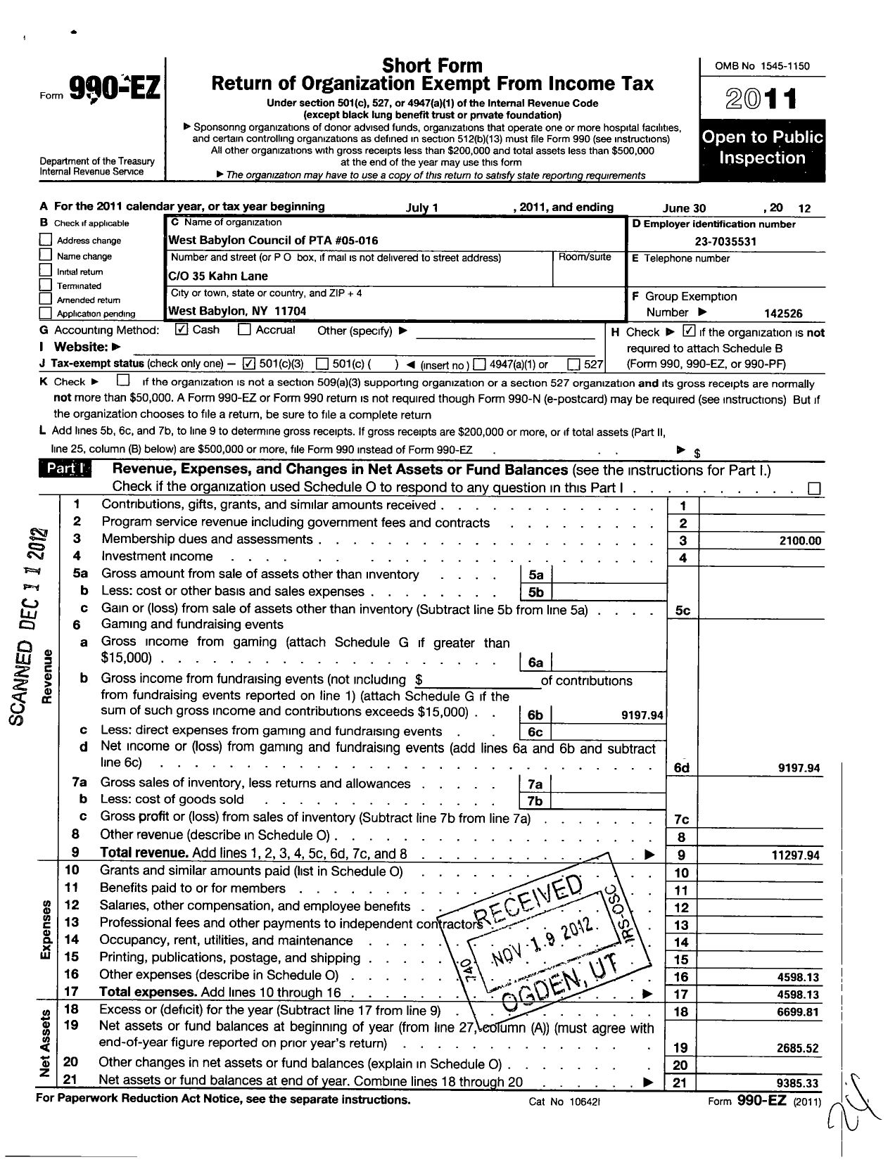 Image of first page of 2011 Form 990EZ for New York State PTA - 05-016 West Babylon Council of Ptas