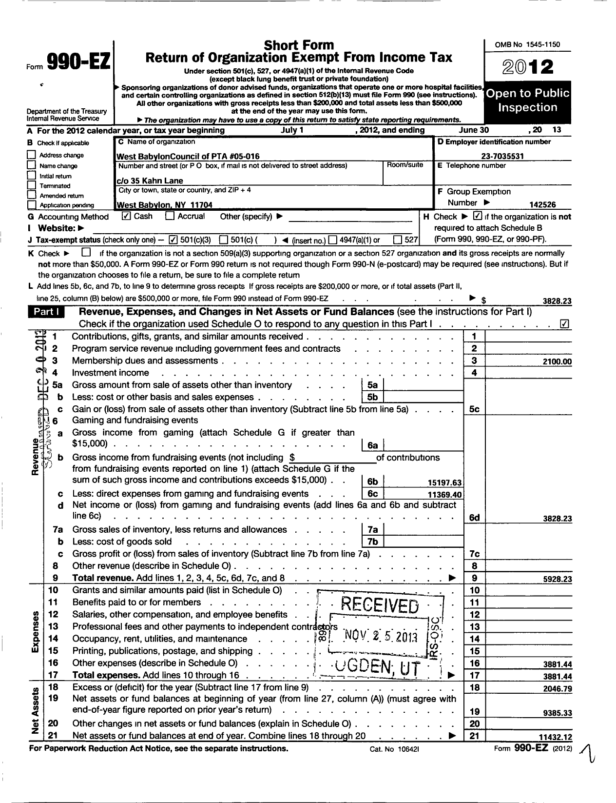 Image of first page of 2012 Form 990EZ for New York State PTA - 05-016 West Babylon Council of Ptas