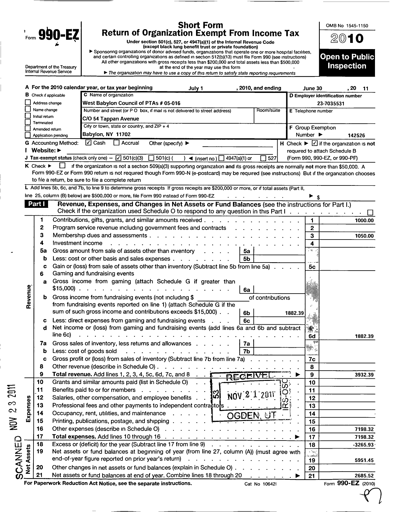 Image of first page of 2010 Form 990EZ for New York State PTA - 05-016 West Babylon Council of Ptas