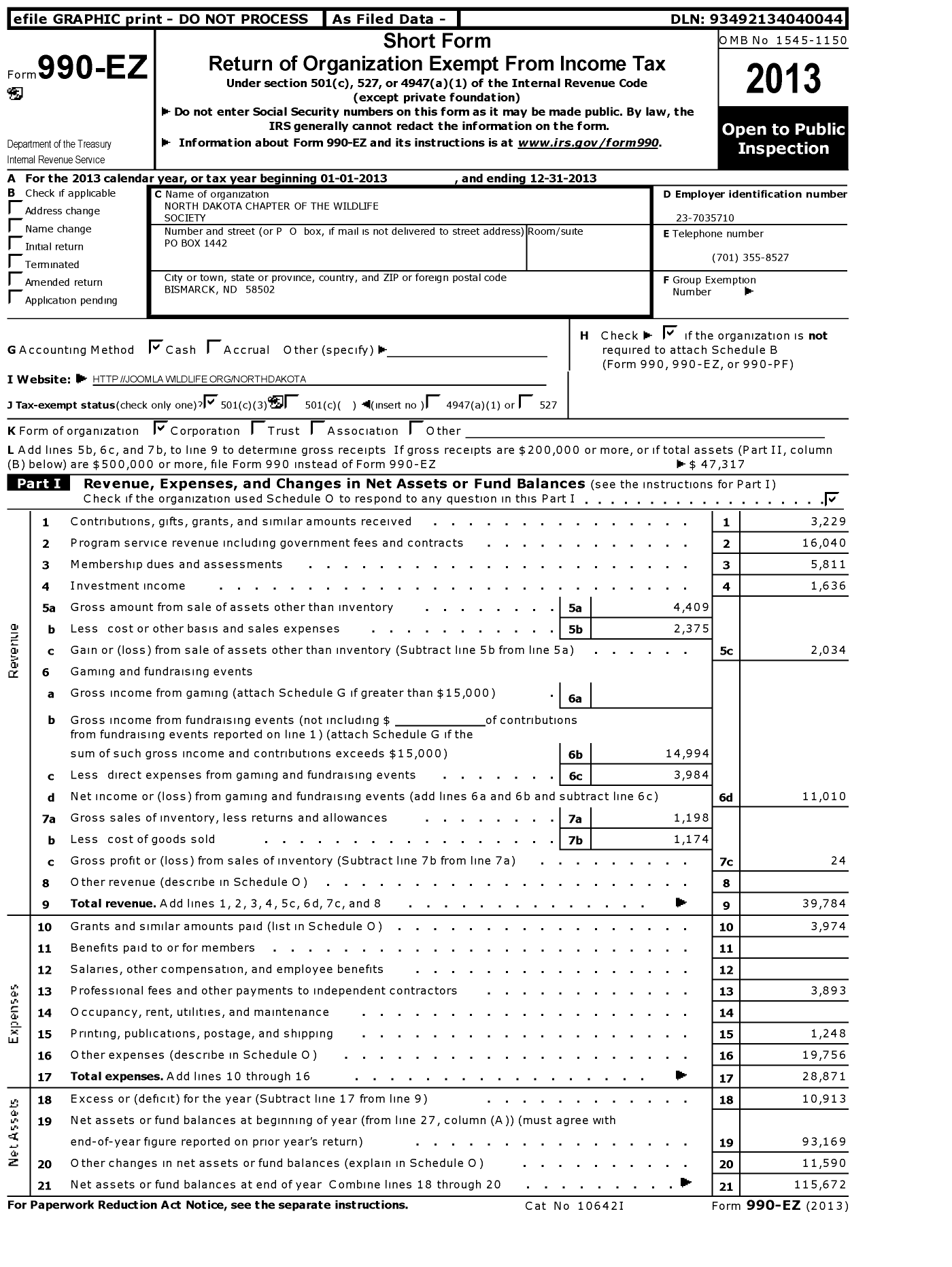 Image of first page of 2013 Form 990EZ for Wildlife Society ND Chapter