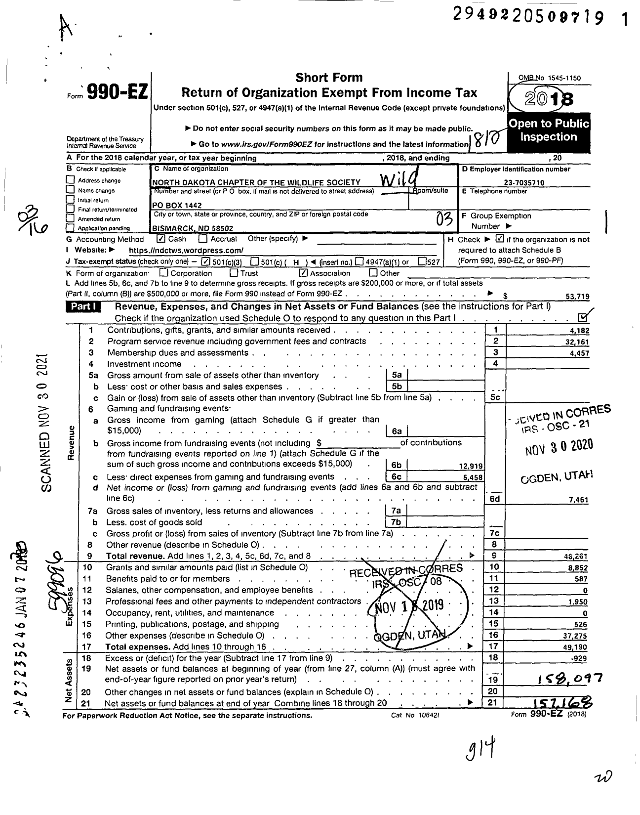 Image of first page of 2018 Form 990EZ for Wildlife Society ND Chapter