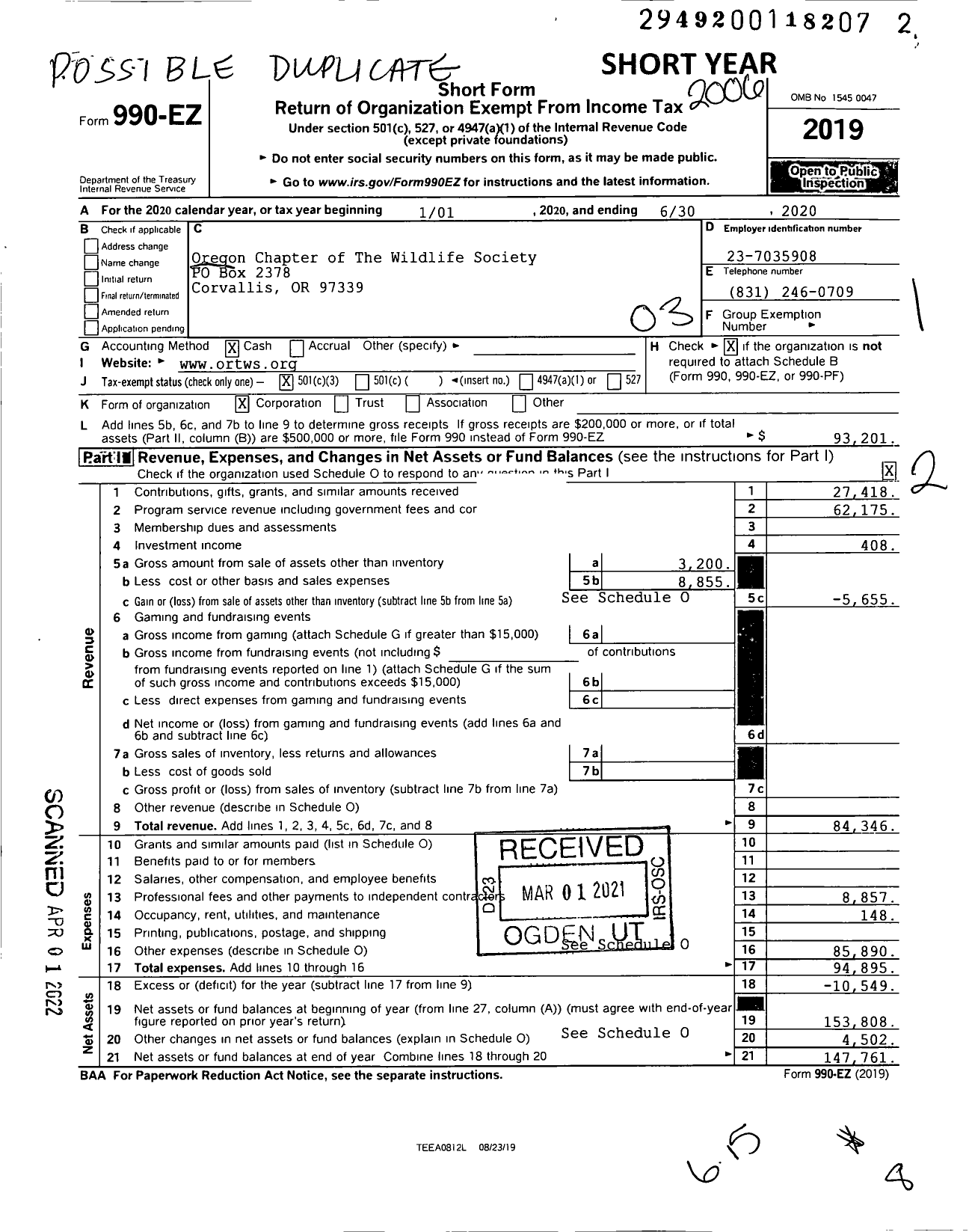 Image of first page of 2019 Form 990EZ for Oregon Chapter of The Wildlife Society