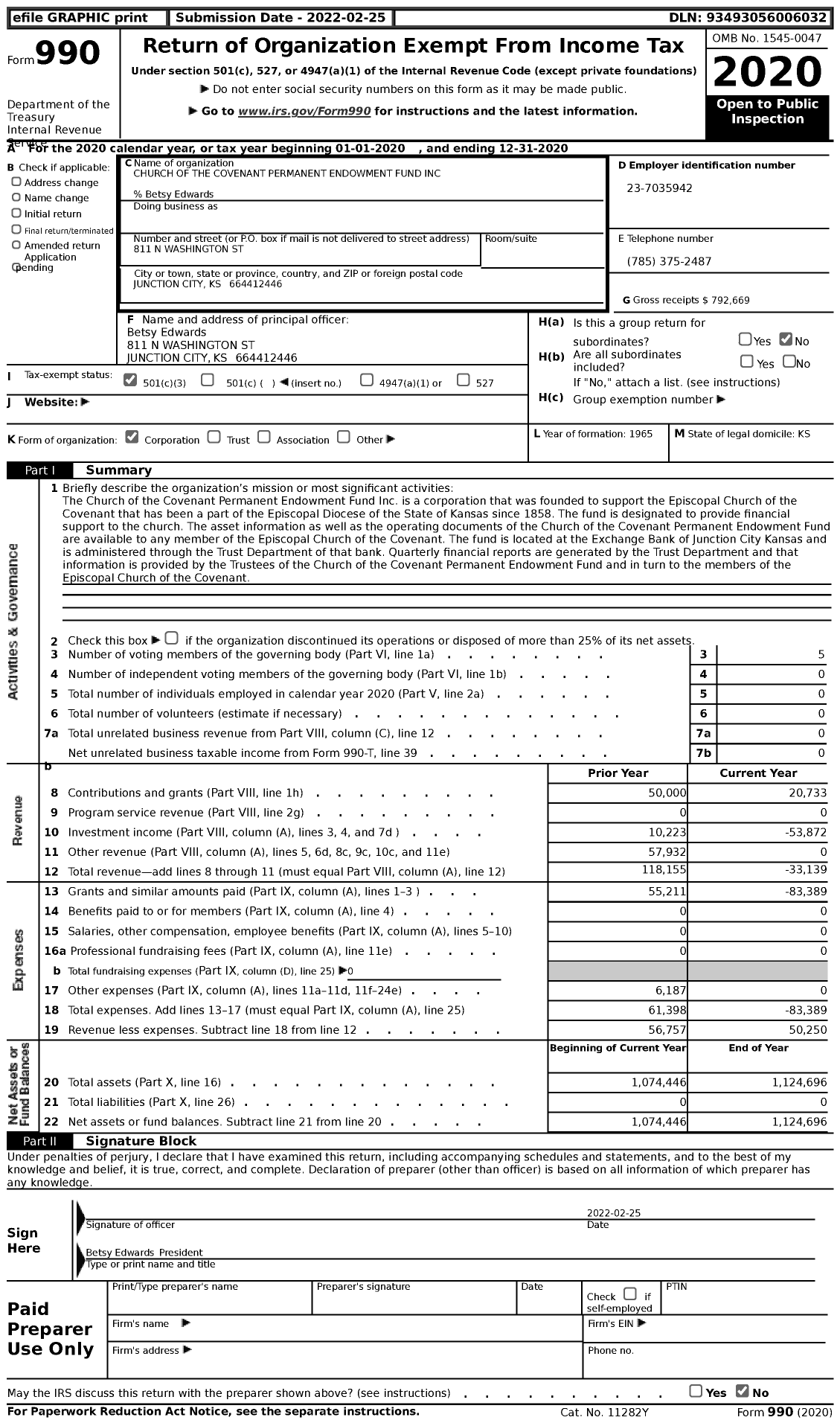 Image of first page of 2020 Form 990 for Church of the Covenant Permanent Endowment Fund