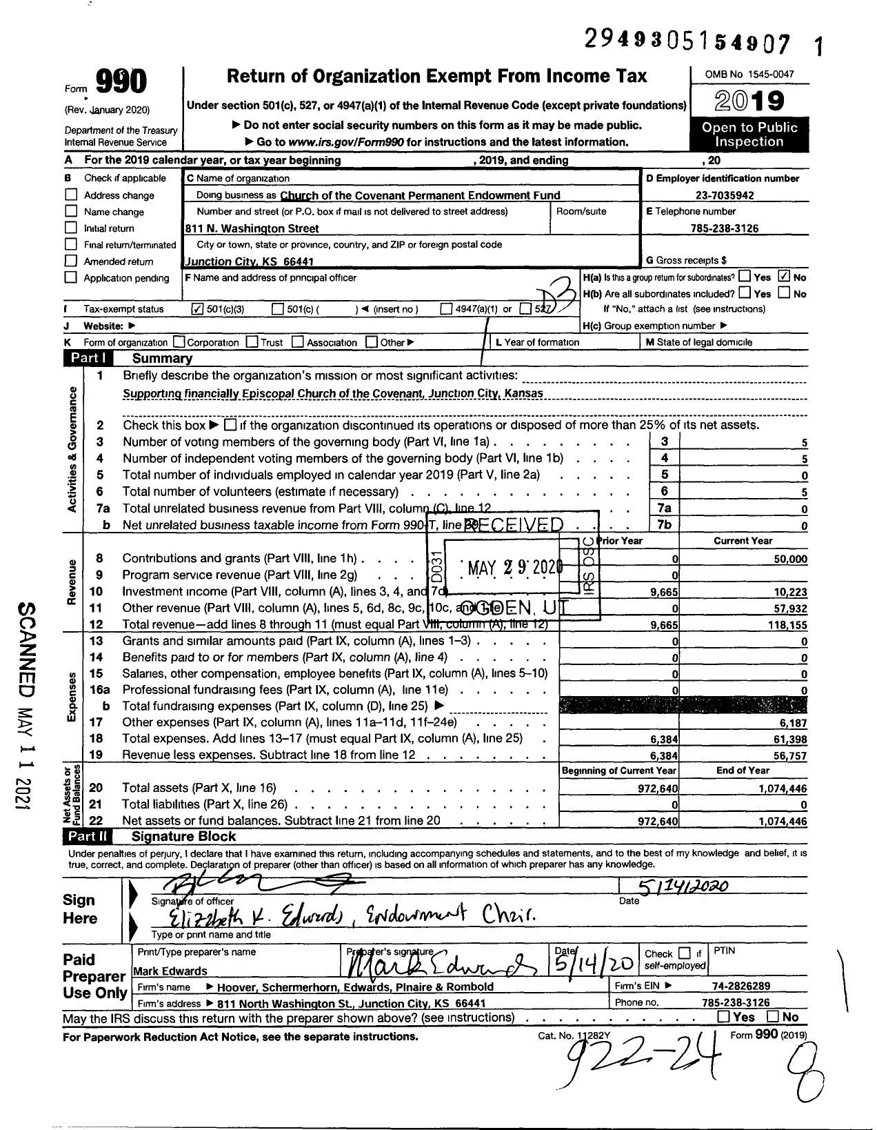 Image of first page of 2019 Form 990 for Church of the Covenant Permanent Endowment Fund