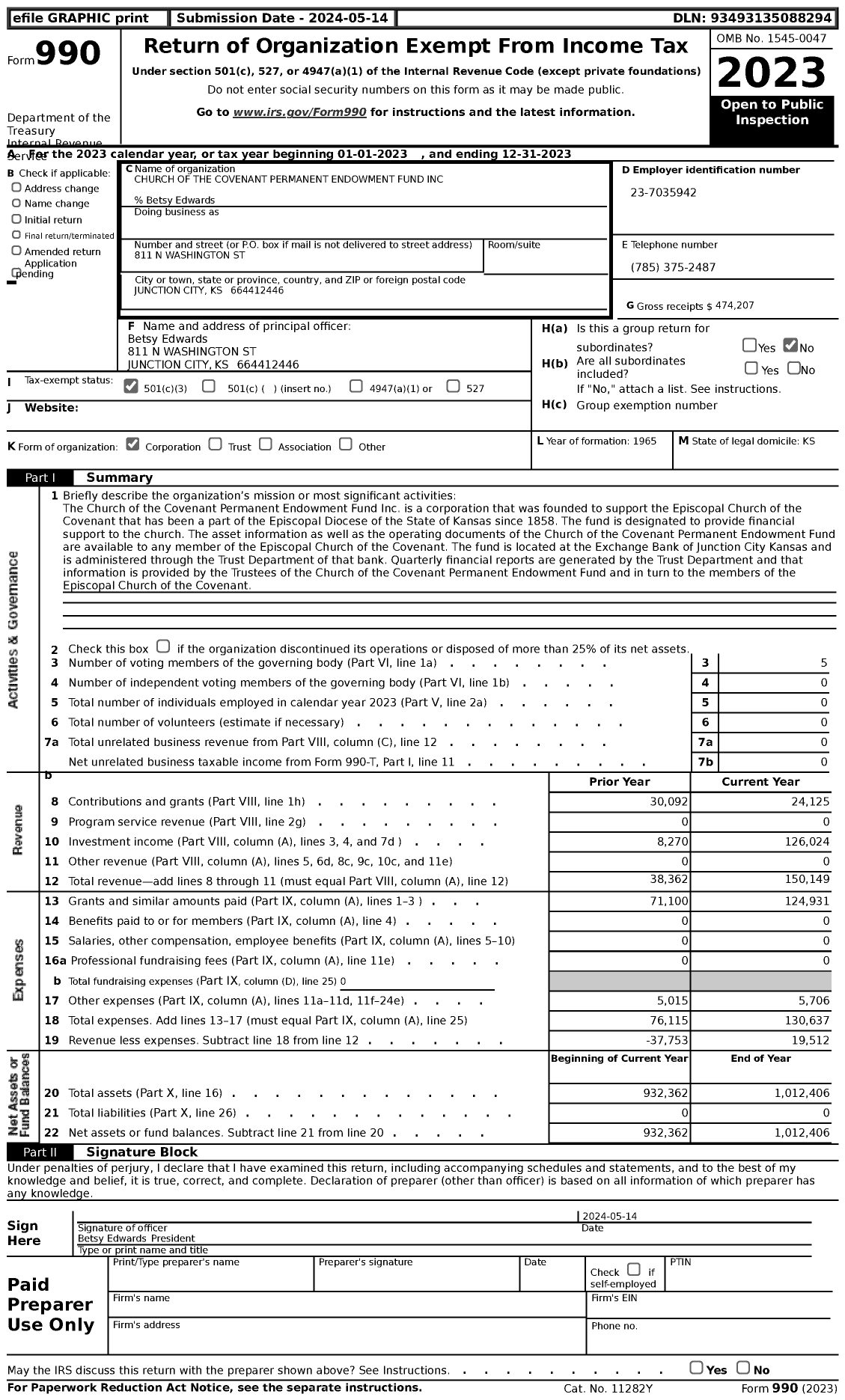 Image of first page of 2023 Form 990 for Church of the Covenant Permanent Endowment Fund