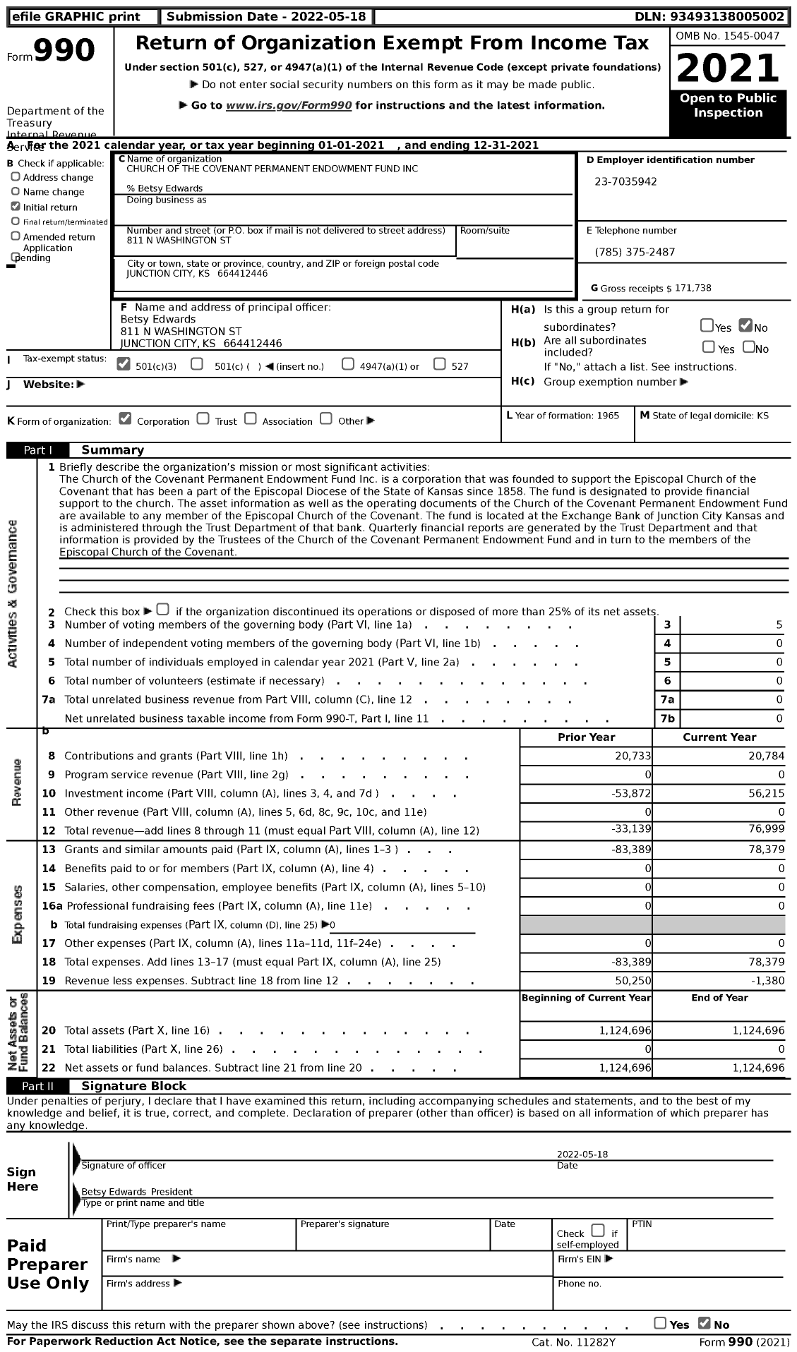 Image of first page of 2021 Form 990 for Church of the Covenant Permanent Endowment Fund