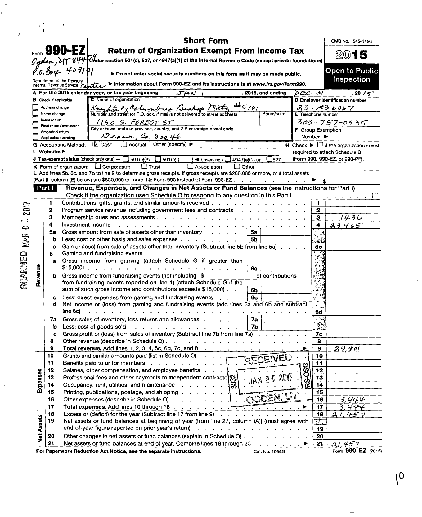 Image of first page of 2015 Form 990EO for Knights of Columbus - 5161 Bishop Matz Council