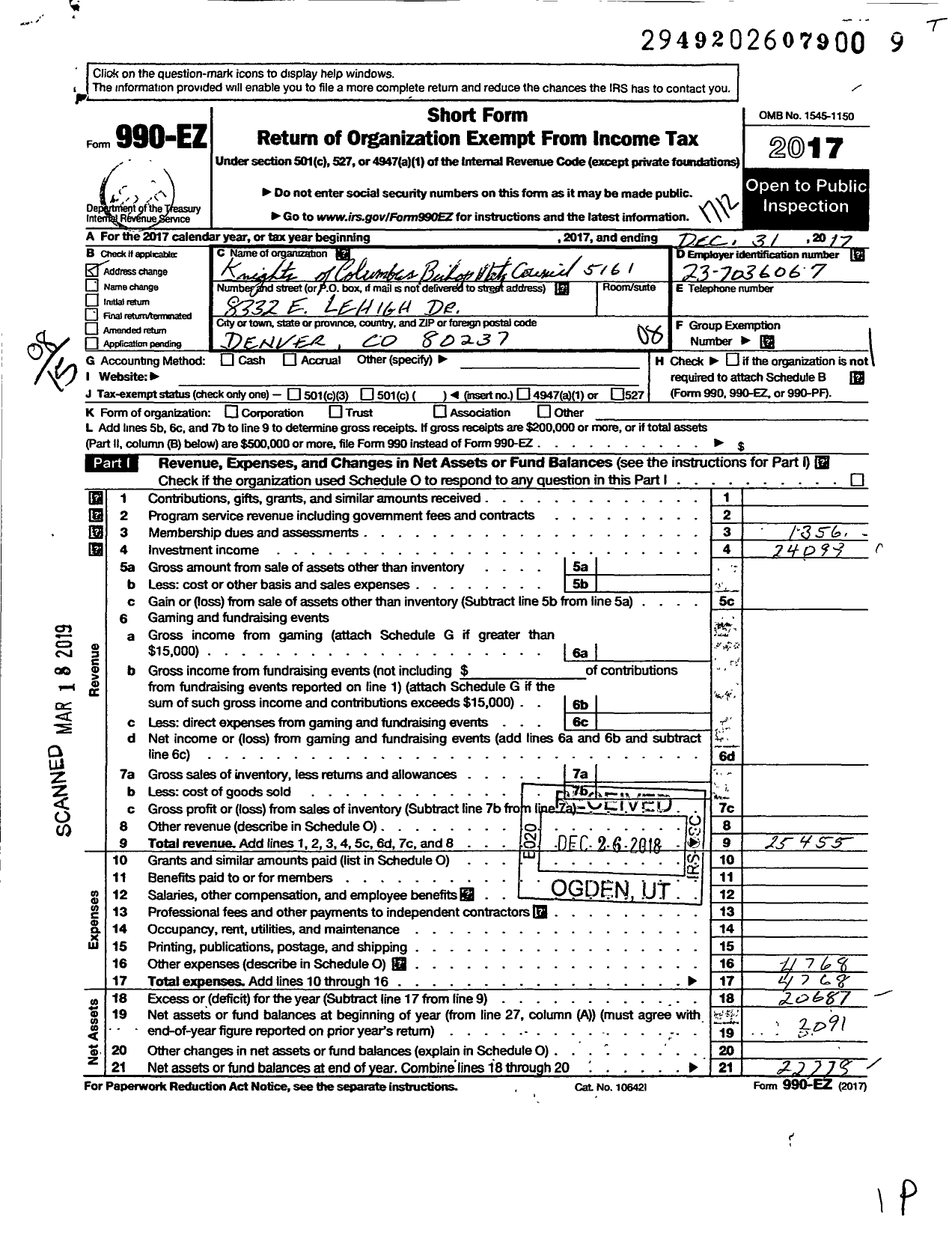 Image of first page of 2017 Form 990EO for Knights of Columbus - 5161 Bishop Matz Council