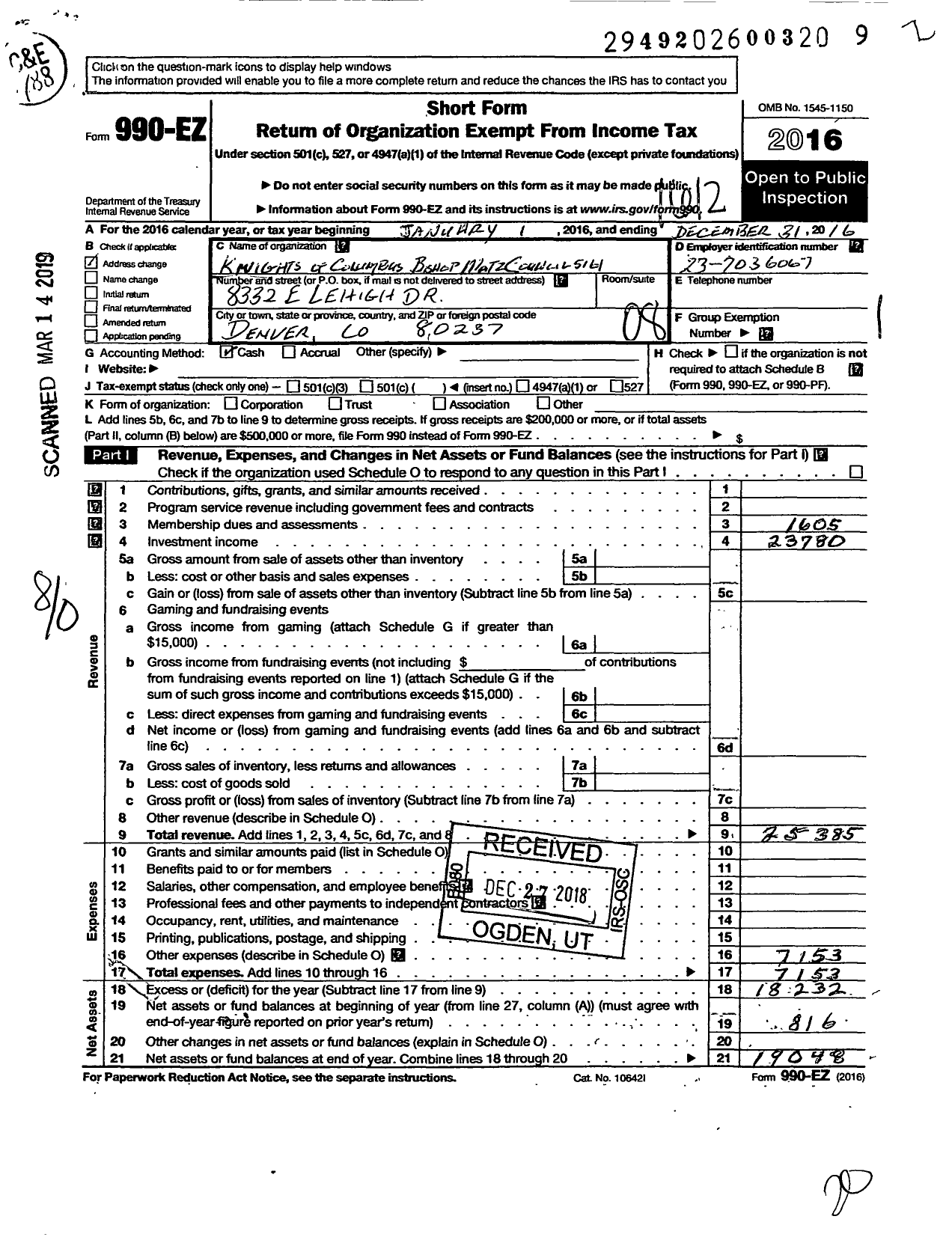 Image of first page of 2016 Form 990EO for Knights of Columbus - 5161 Bishop Matz Council