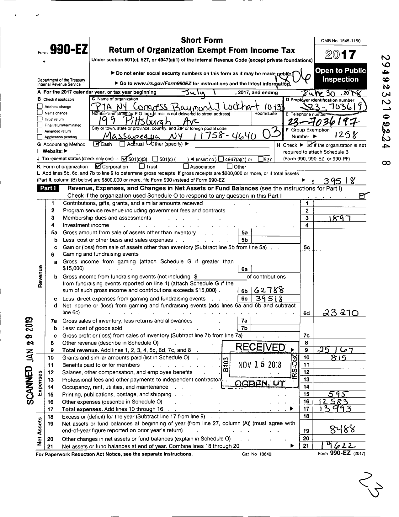 Image of first page of 2017 Form 990EZ for New York State PTA - 10-133 RAYMOND J LOCKHART PTA