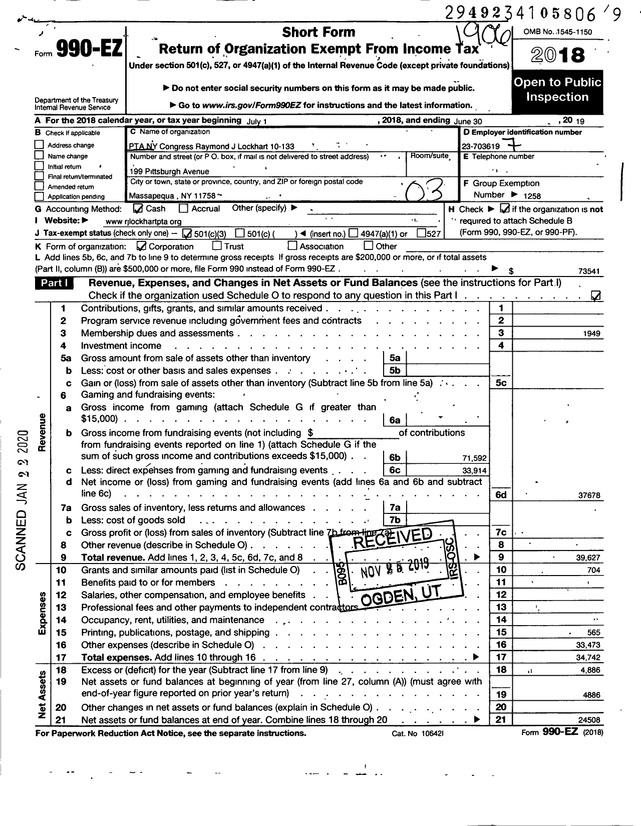 Image of first page of 2018 Form 990EZ for New York State PTA - 10-133 RAYMOND J LOCKHART PTA