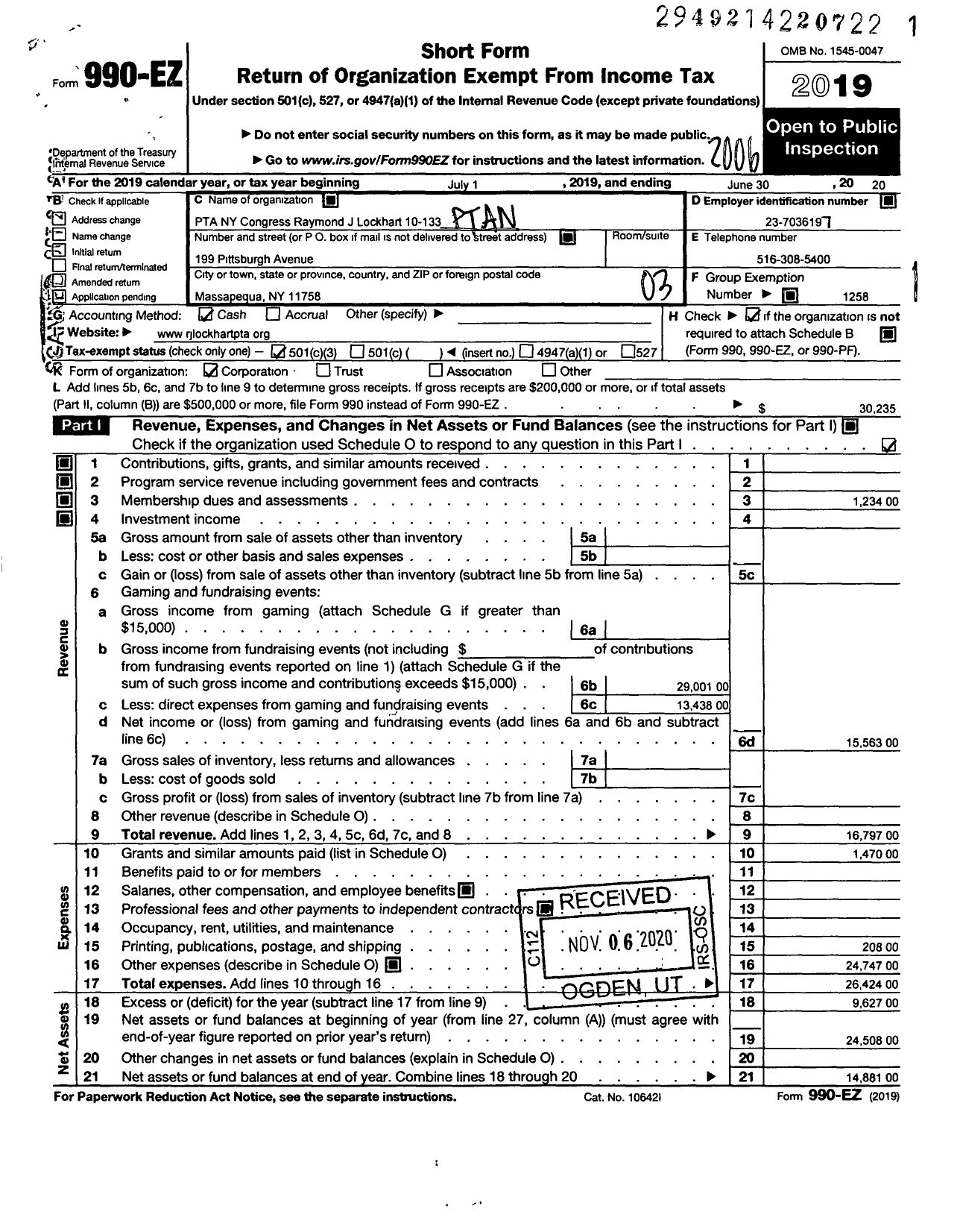 Image of first page of 2019 Form 990EZ for New York State PTA - 10-133 RAYMOND J LOCKHART PTA