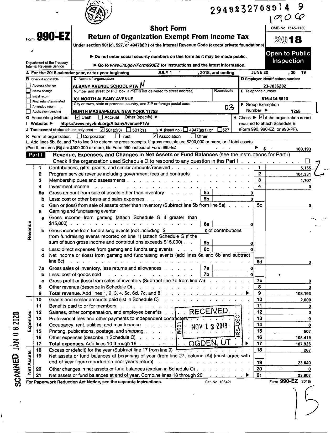 Image of first page of 2018 Form 990EZ for New York State PTA - 10 120 Albany Avenue PTA