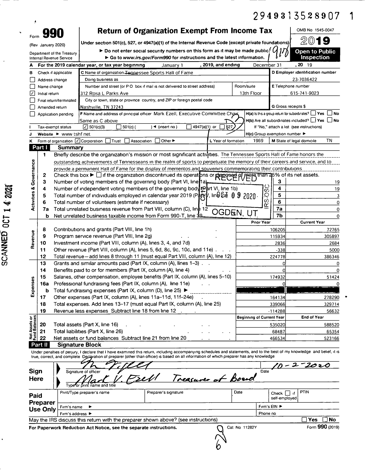 Image of first page of 2019 Form 990 for Tennessee Sports Hall of Fame