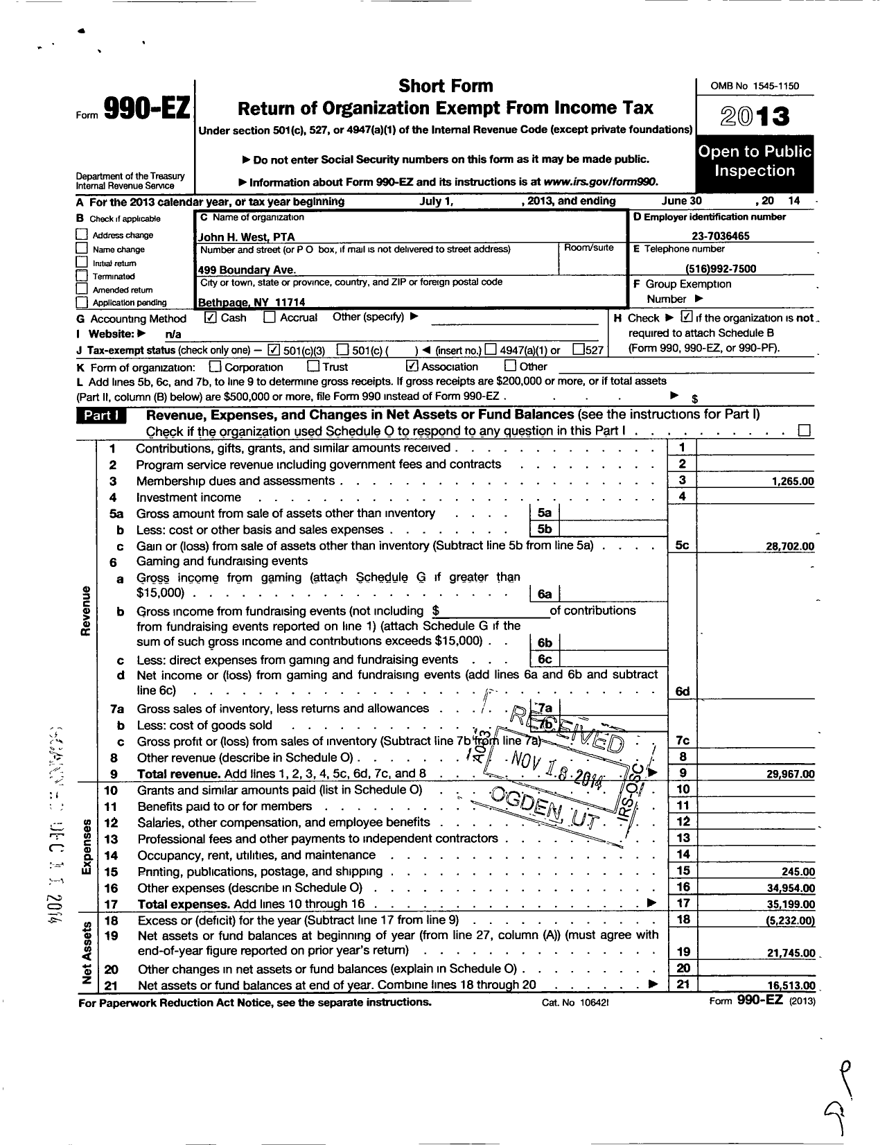 Image of first page of 2013 Form 990EZ for New York State PTA - 10-159 John H West PTA