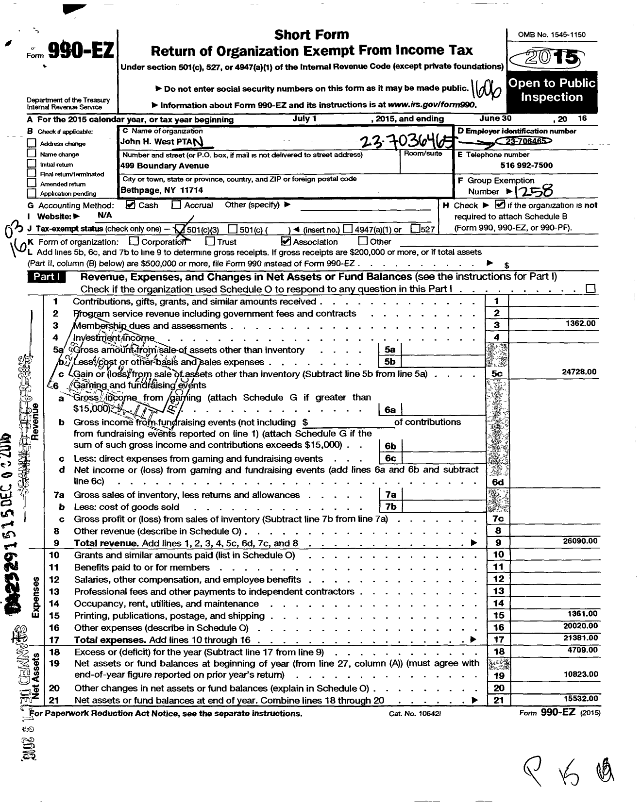 Image of first page of 2015 Form 990EZ for New York State PTA - 10-159 John H West PTA