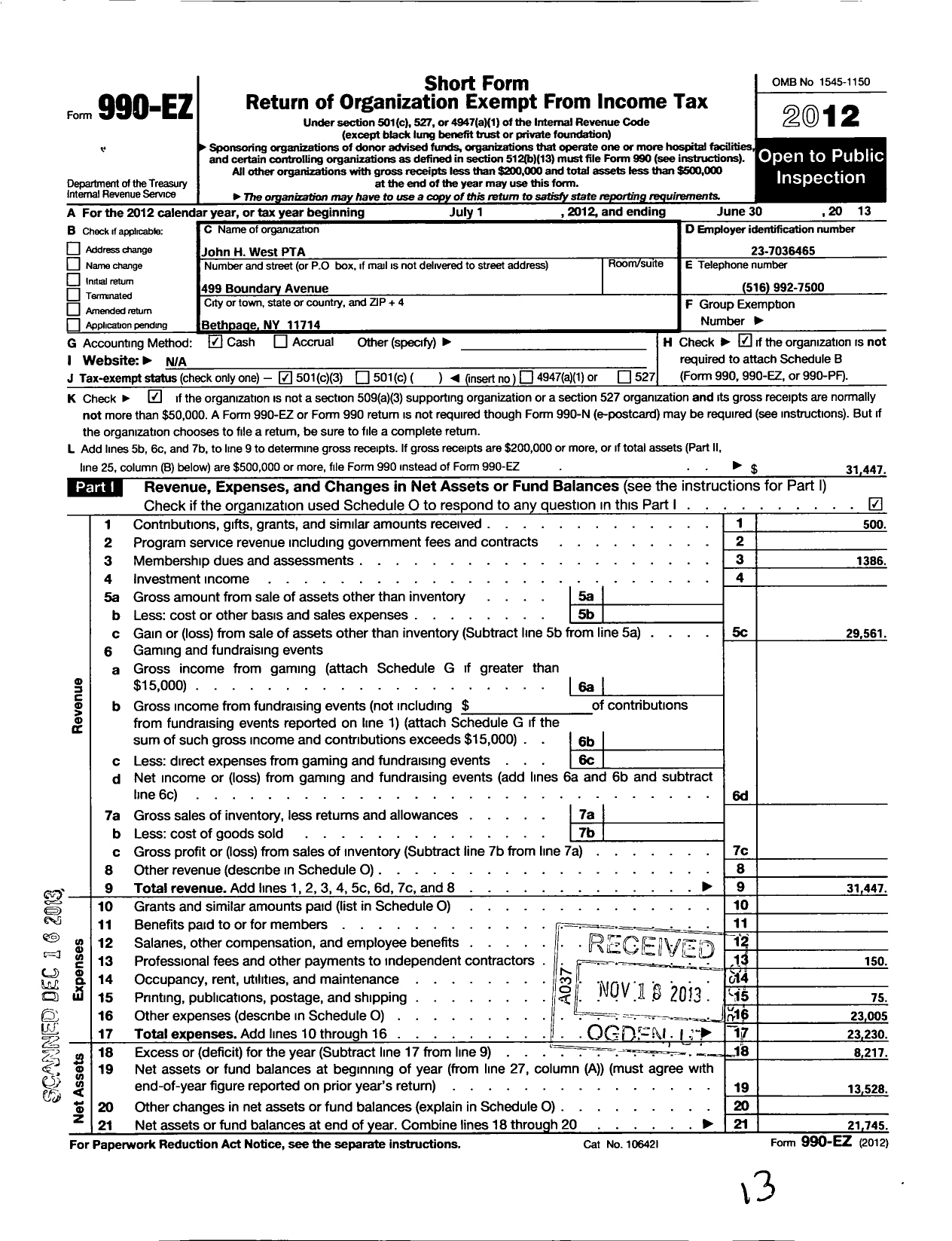 Image of first page of 2012 Form 990EZ for New York State PTA - 10-159 John H West PTA