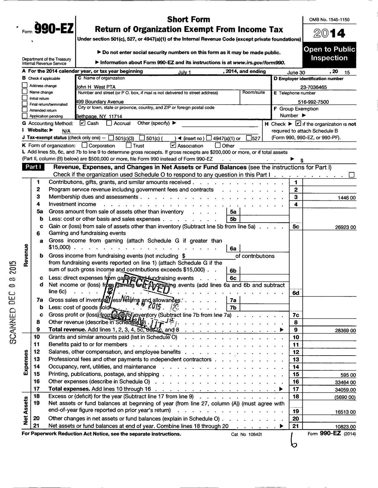 Image of first page of 2014 Form 990EO for New York State PTA - 10-159 John H West PTA