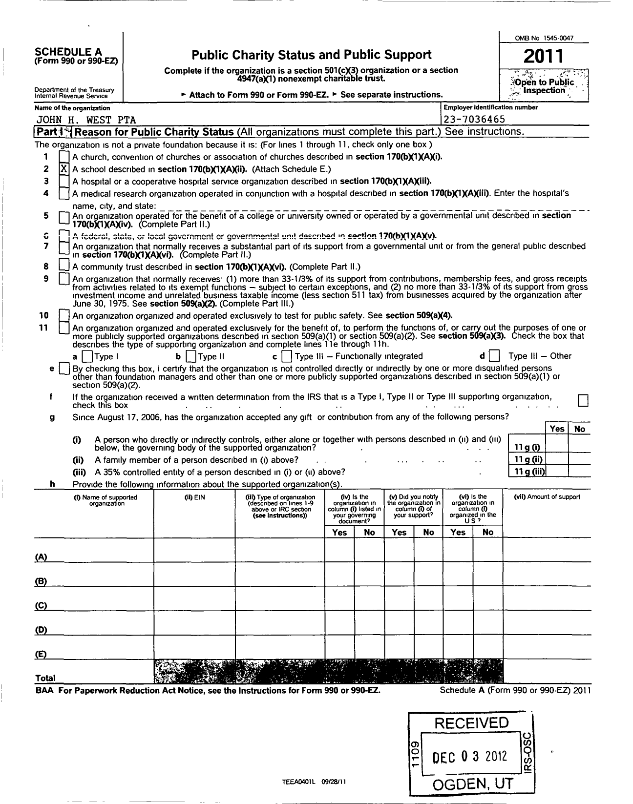 Image of first page of 2011 Form 990ER for New York State PTA - 10-159 John H West PTA