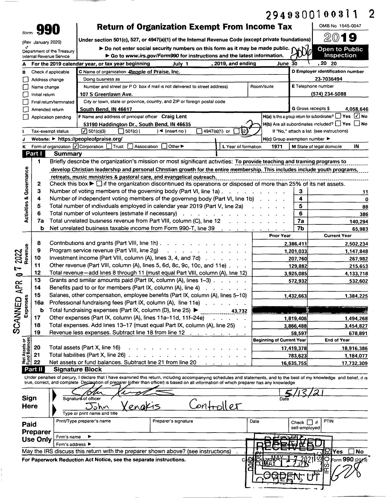 Image of first page of 2019 Form 990 for People of Praise