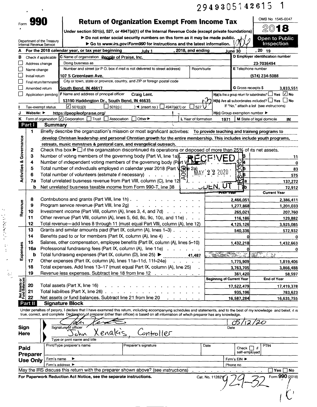 Image of first page of 2018 Form 990 for People of Praise