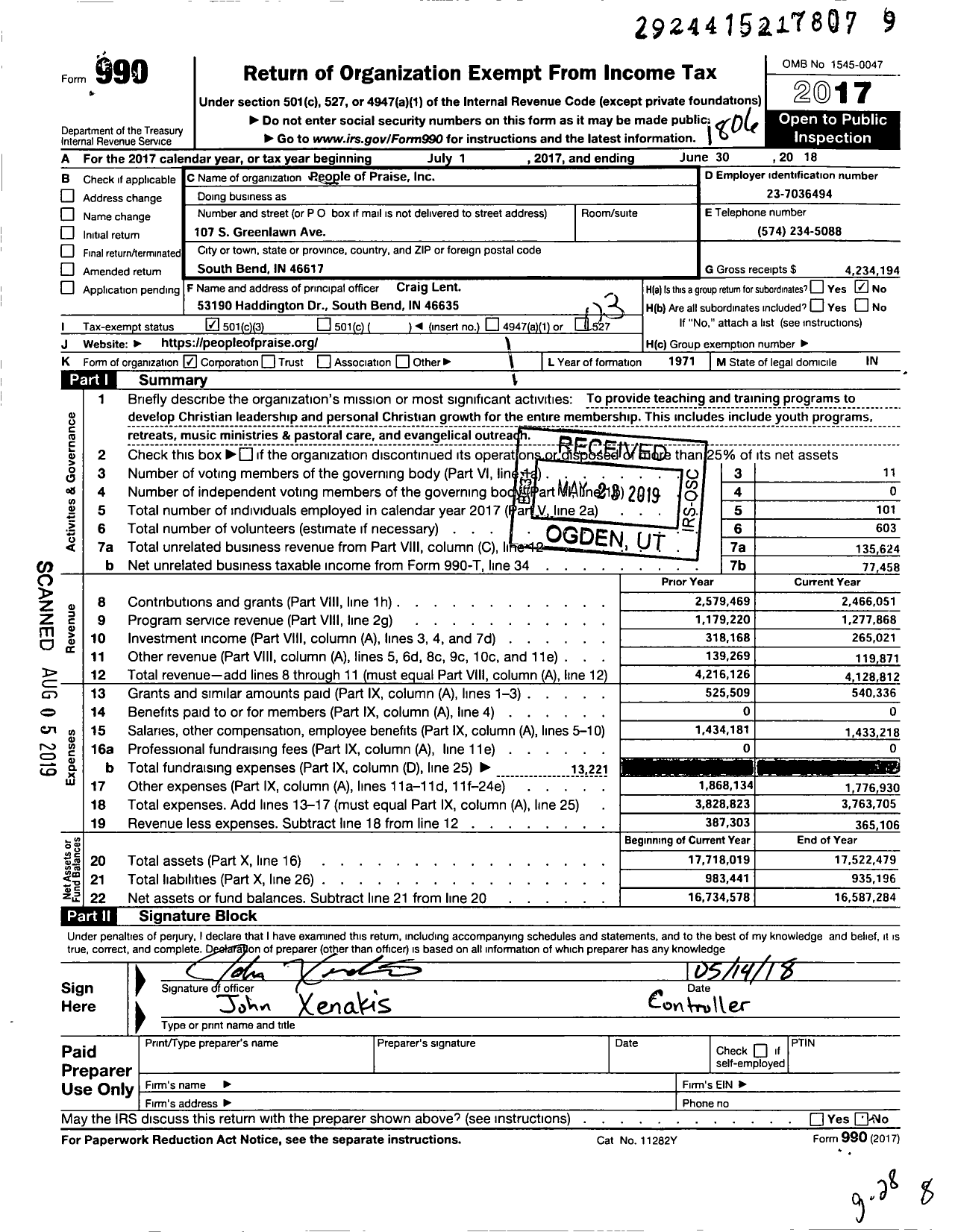 Image of first page of 2017 Form 990 for People of Praise