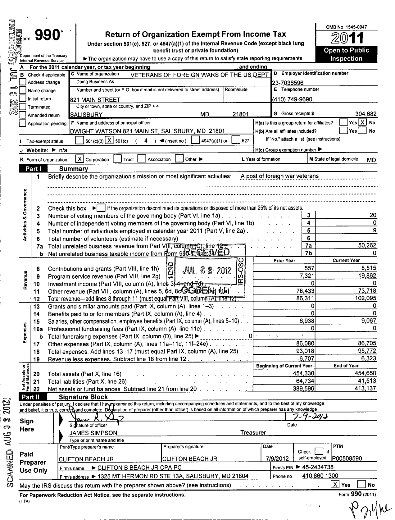 Image of first page of 2011 Form 990O for VFW Department of Maryland - 10159 Wicomico Co Mem Post
