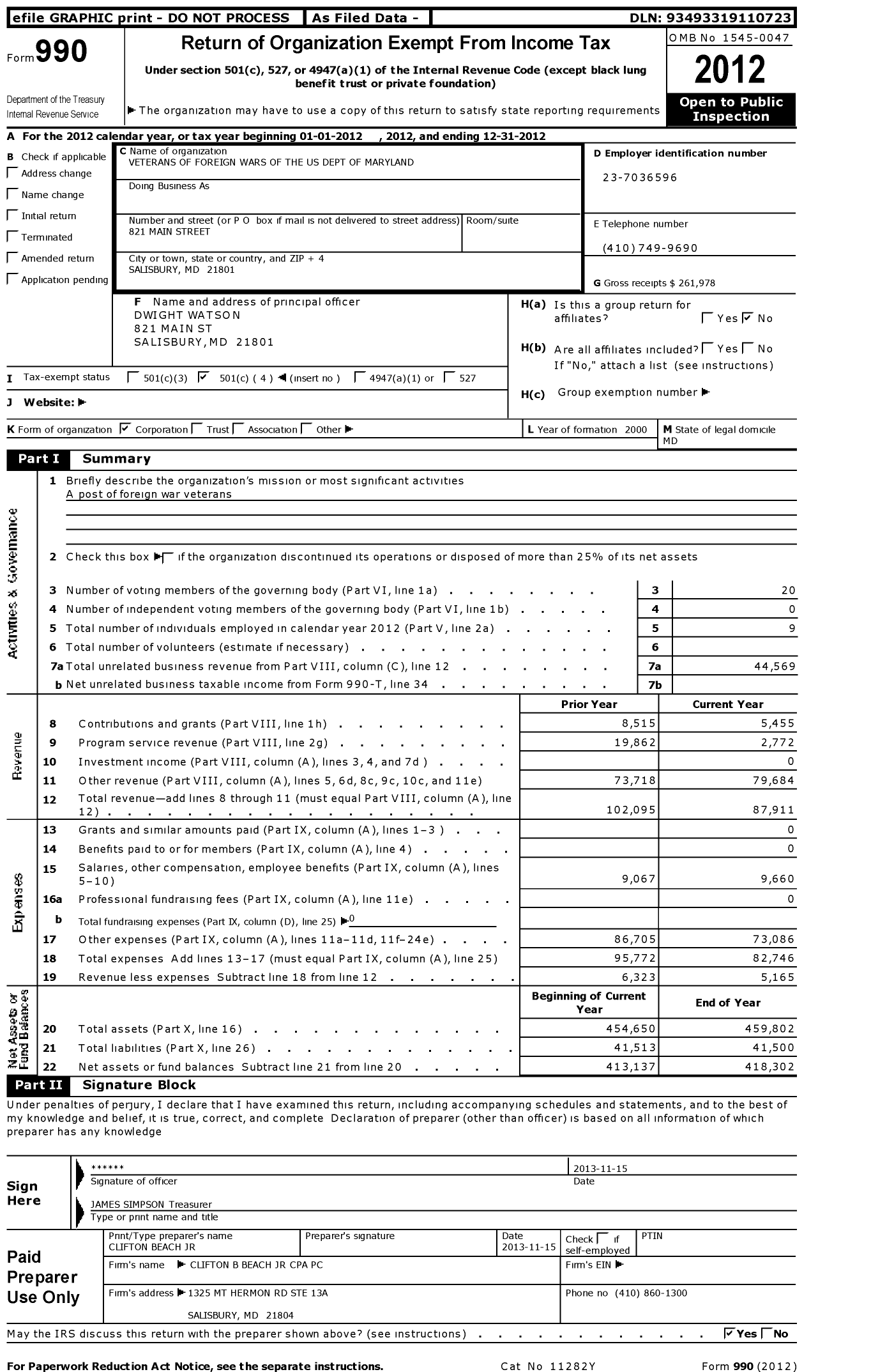 Image of first page of 2012 Form 990O for VFW Department of Maryland - 10159 Wicomico Co Mem Post
