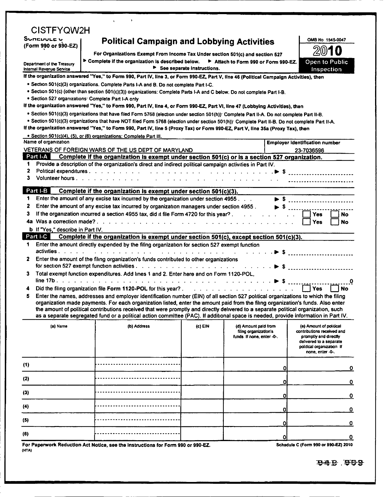 Image of first page of 2010 Form 990OR for VFW Department of Maryland - 10159 Wicomico Co Mem Post