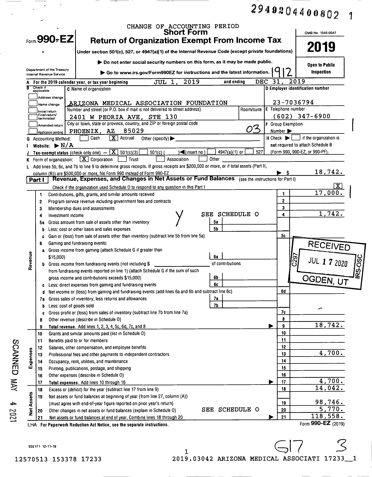 Image of first page of 2019 Form 990EZ for Arizona Medical Association Foundation