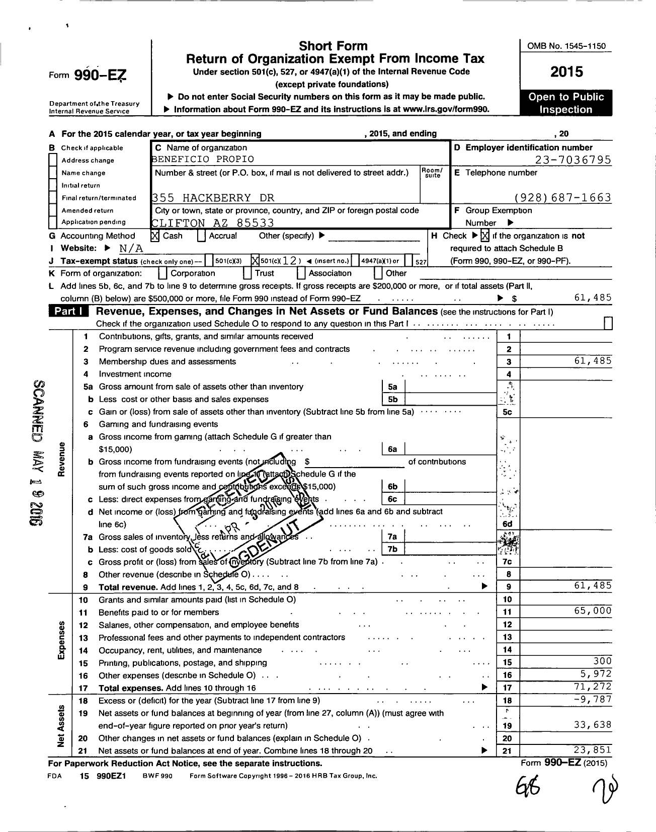 Image of first page of 2015 Form 990EO for Beneficio Propio