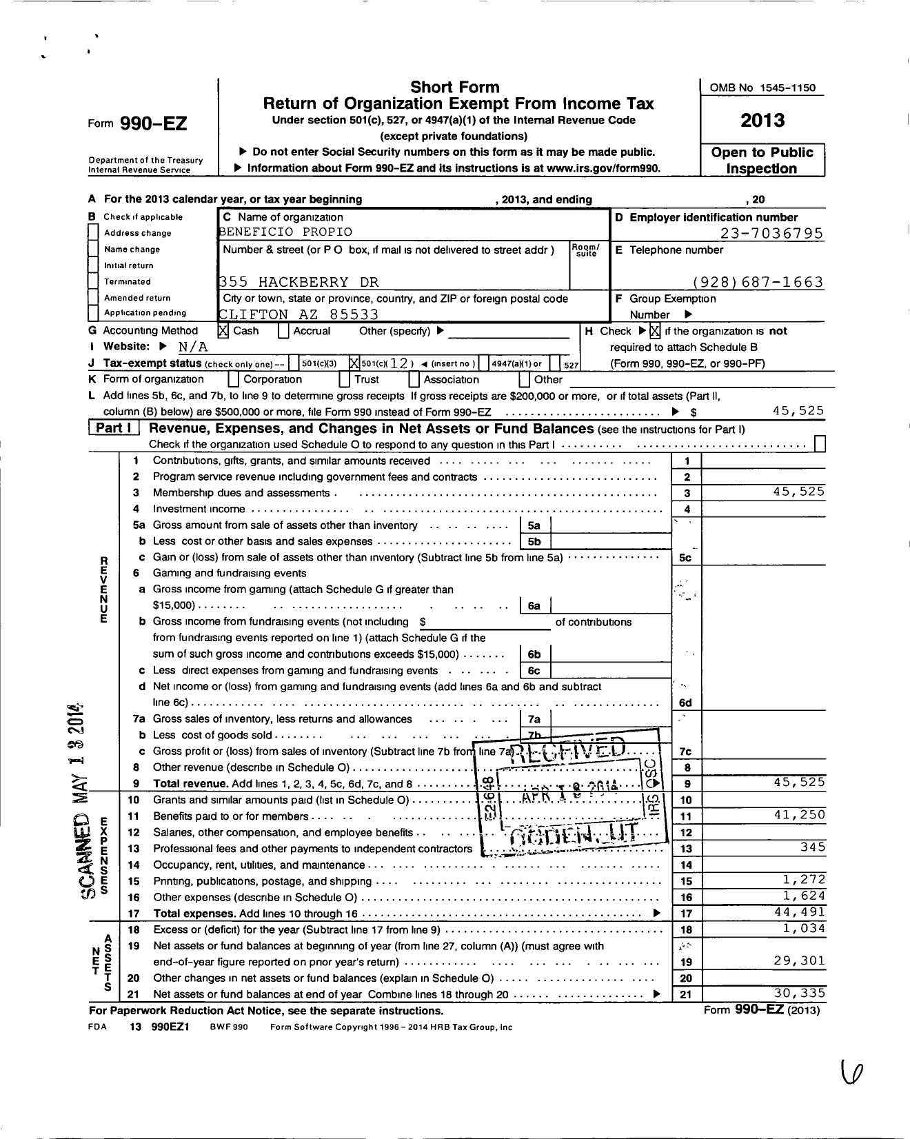 Image of first page of 2013 Form 990EO for Beneficio Propio