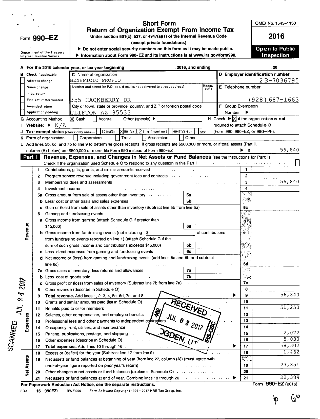 Image of first page of 2016 Form 990EO for Beneficio Propio