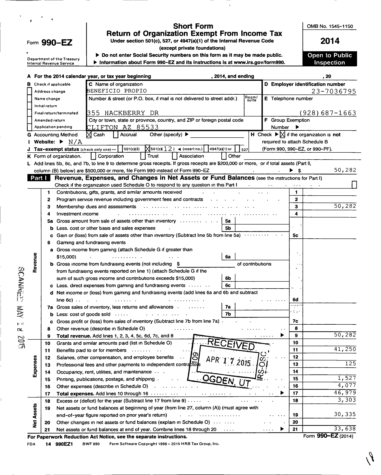 Image of first page of 2014 Form 990EO for Beneficio Propio