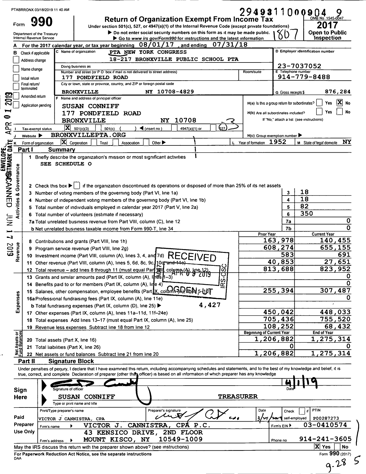 Image of first page of 2017 Form 990 for New York State PTA - Bronxville Public School PTA