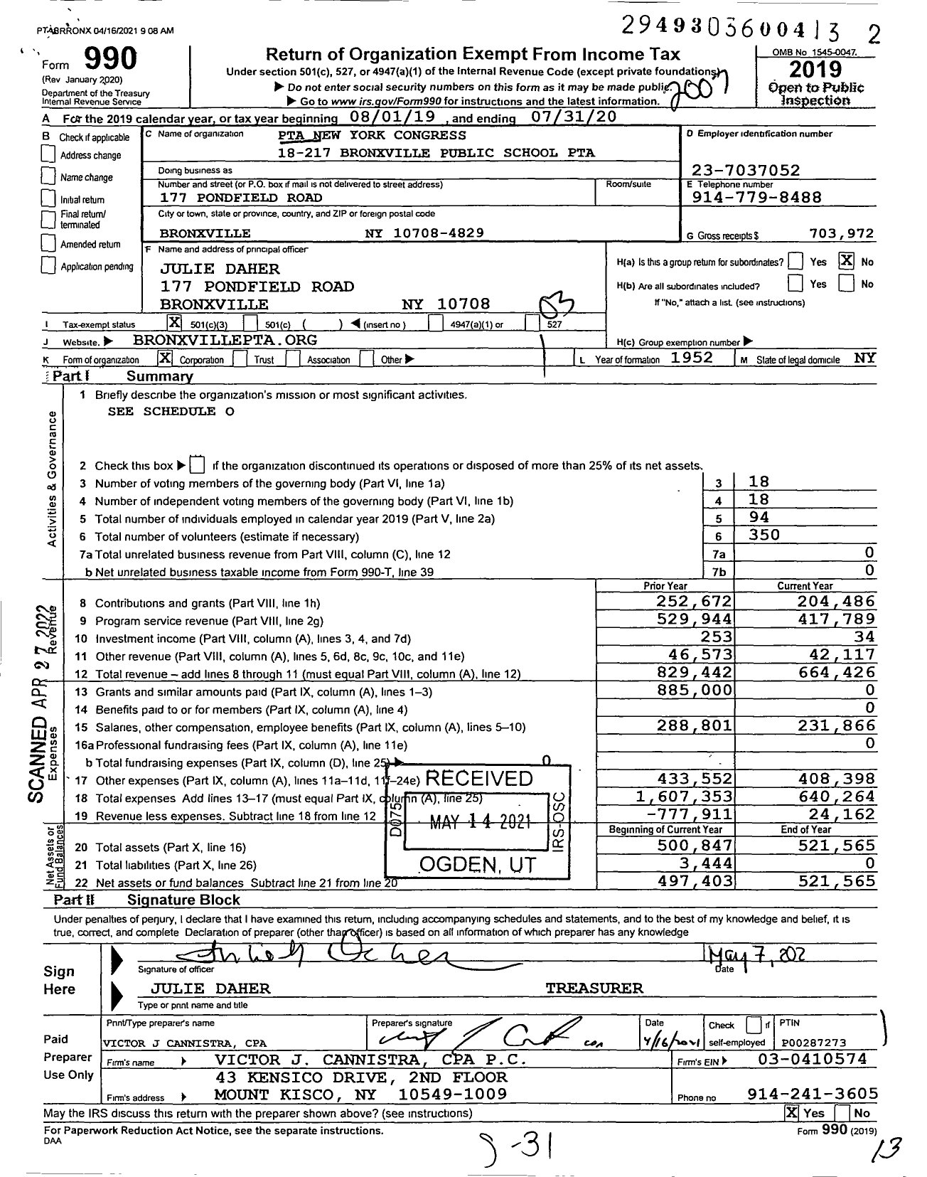 Image of first page of 2019 Form 990 for New York State PTA - Bronxville Public School PTA