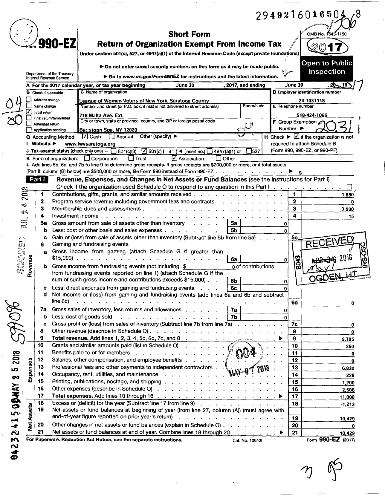 Image of first page of 2016 Form 990EO for League of Women Voters of New York / Saratoga County