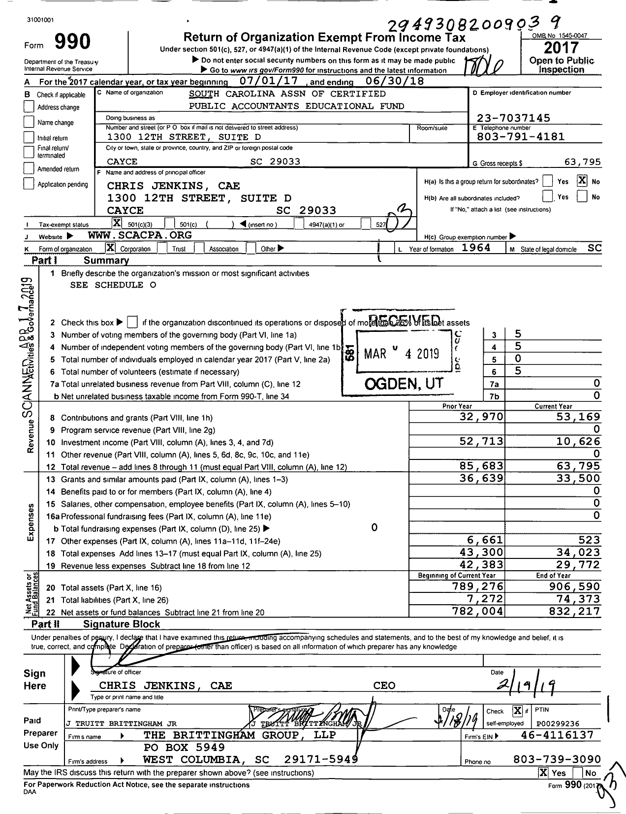 Image of first page of 2017 Form 990 for South Carolina Association of Cpas Educational Fund