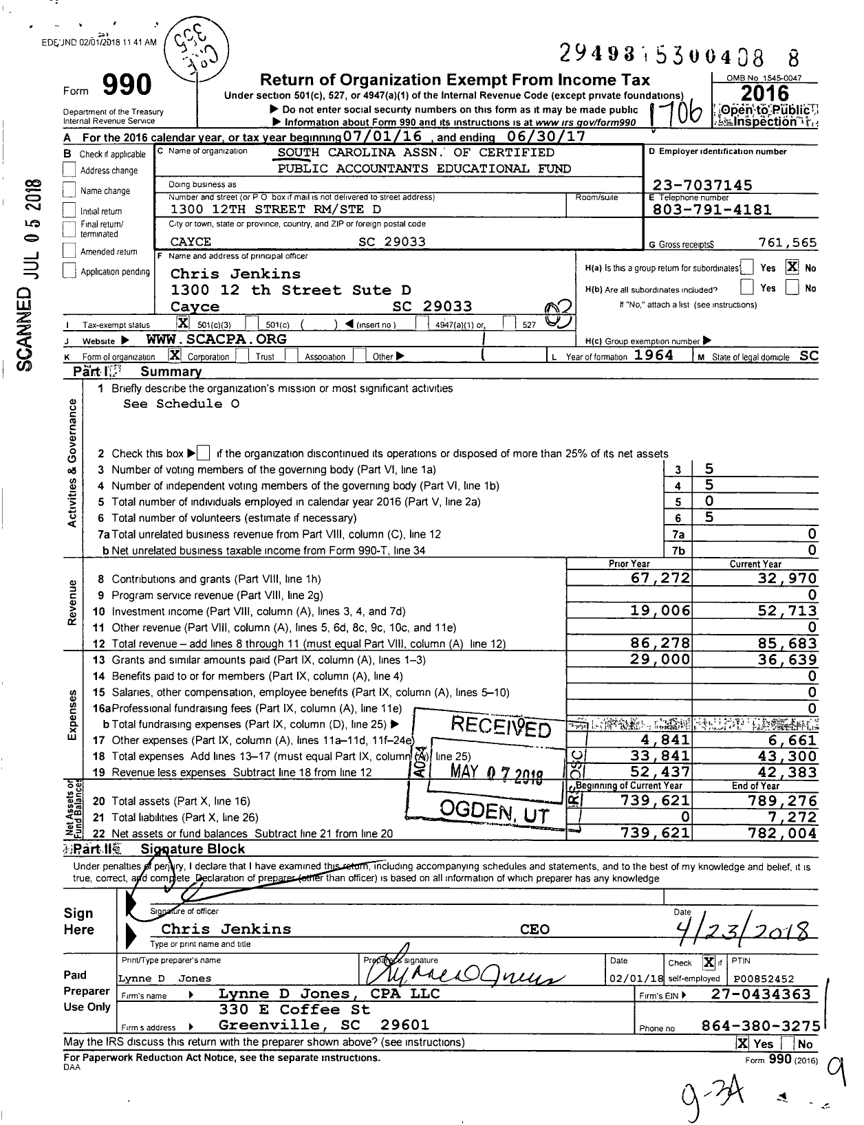 Image of first page of 2016 Form 990 for South Carolina Association of Cpas Educational Fund